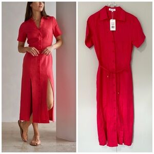 Red Midi Shirt Dress with Front Slits